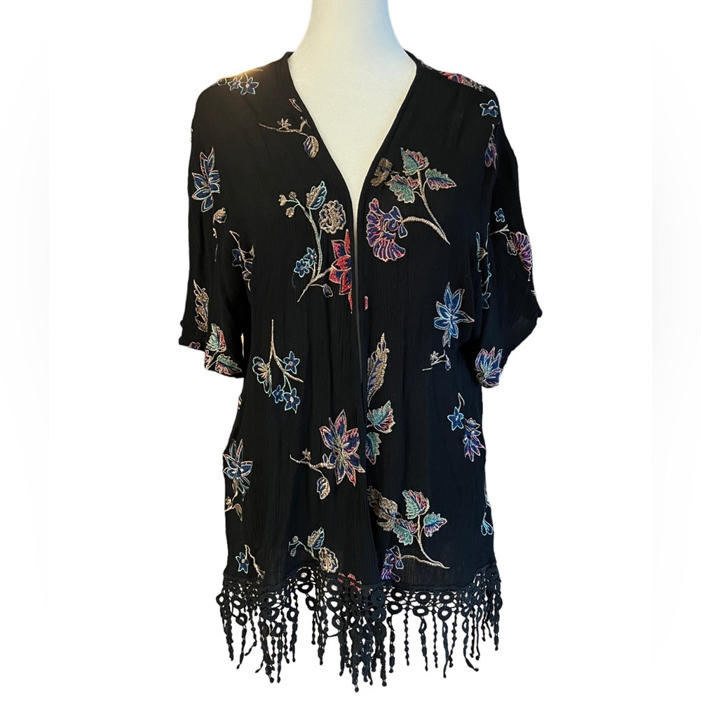 ALICE BLUE Boho Embroidered Floral Open Lightweight‎ Blouse Small Black Cover-Up